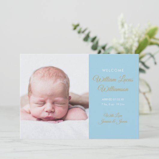 Faire-part Baby Boy Modern Gold Script Photo Naissance (Debout devant)