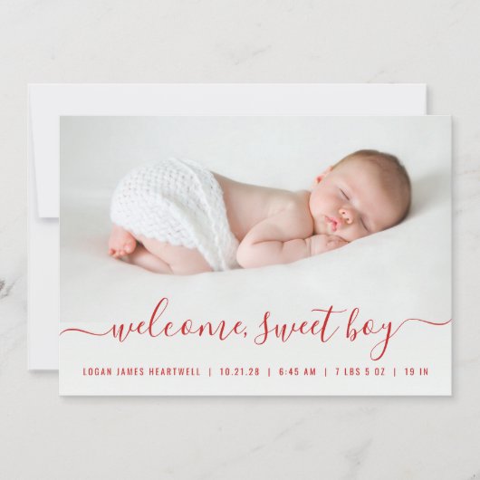 Faire-part Baby Boy Photo Red Script Hearth Birth (Devant)
