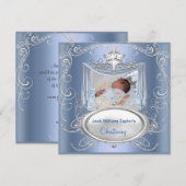 Faire-part Baby Christening Baptême Garçon Croix Bleue Argent (Devant / Derrière)