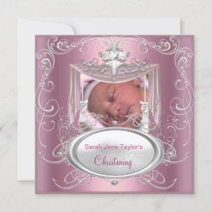Faire-part Baby Christening Baptême Girl Pink Silver Cross
