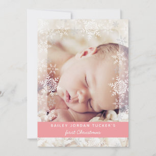 Faire-part Baby First Christmas Snowflakes Pink Photo Naissan