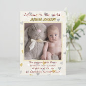 Faire-part Baby Girl avec son lapin Nouveau Arrivée (Debout devant)