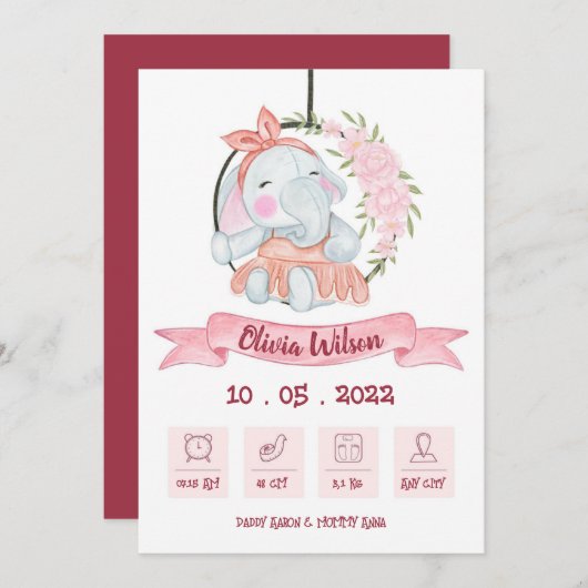 Faire-part Baby Girl Birth Annoucement (Devant / Derrière)