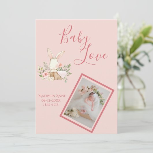 Faire-part Baby Girl Pink Script mignonne Élégant bébé naissa (Debout devant)