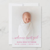 Faire-part Baby Girl Rose Hearts Script Photo Naissance (Devant)
