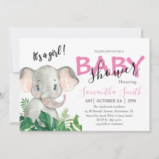 Faire-part Baby shower Eléphant rose (Devant)