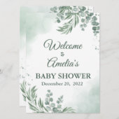 Faire-part Baby shower Floral Vert Sage Affiche de bienvenue (Devant / Derrière)