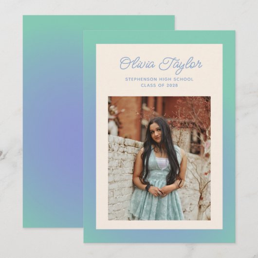 Faire-part Baccalauréat en photo de la bordure verte Retro Mi (Devant / Derrière)