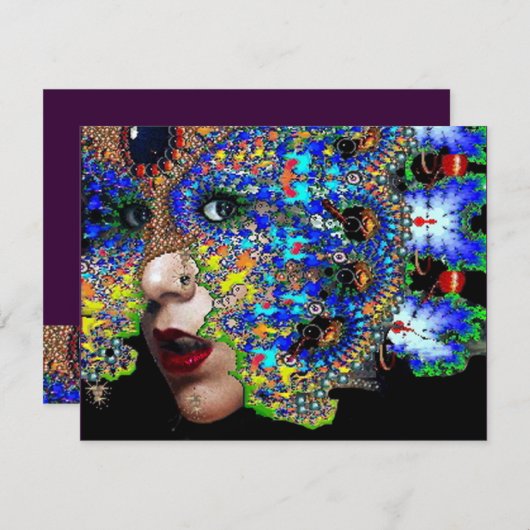 Faire-part Bal Masquerade Mardi Gras EPHÉMÉRAL, Masque Bleu (Devant / Derrière)