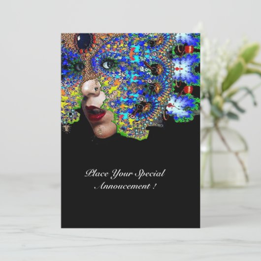 Faire-part Bal Masquerade Mardi Gras EPHÉMÉRAL, Masque Bleu (Debout devant)