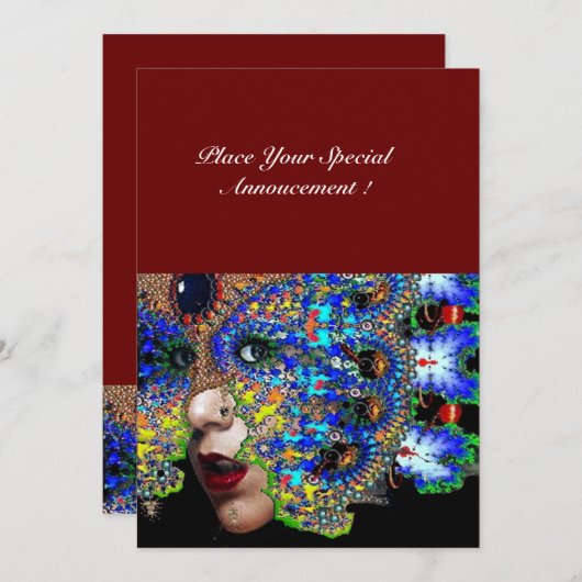 Faire-part Bal Masquerade Mardi Gras EPHÉMÉRAL, Masque Bleu (Devant / Derrière)