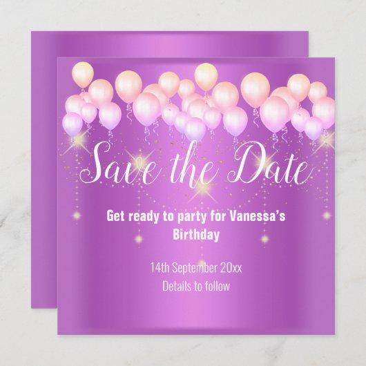 FAIRE-PART BALLON PURPLE ROSE ENREGISTRER LA DATE (Devant / Derrière)