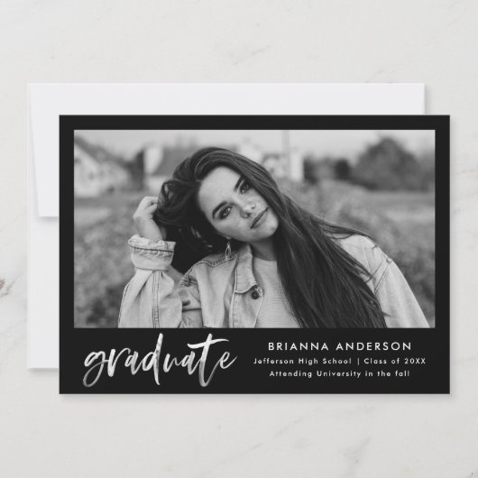 Faire-part Bande noire et blanche - Script photo Graduation (Devant)