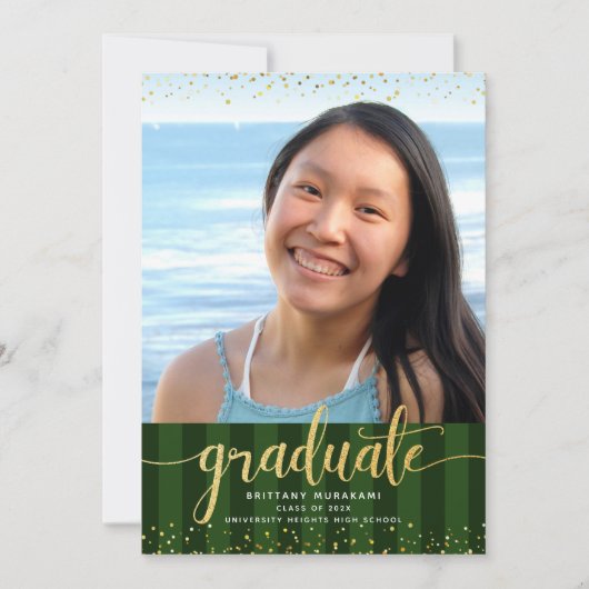 Faire-part Bandes vertes graduation photo or parties scintill (Devant)