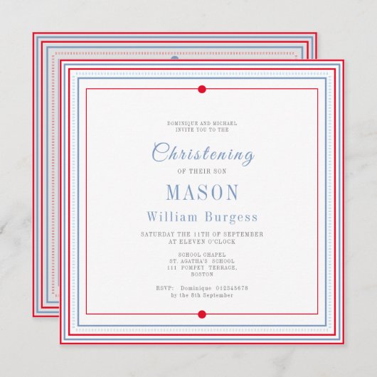 Faire-part Baptême baptisant Simple Script Bleu Rouge Moderne (Devant / Derrière)