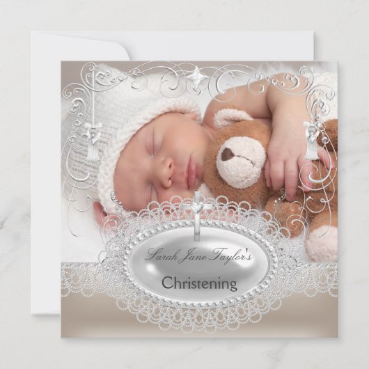 Faire-part Baptême Bébé Fille Garçon Croix d'Argent (Devant)