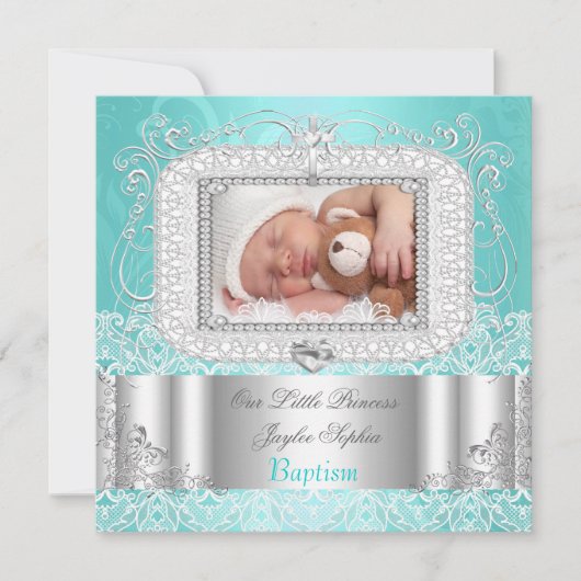 Faire-part Baptême bébé fille ou garçon sarcelle (Devant)