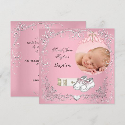 Faire-part Baptême de bébé fille Bible Blanc Rose (Devant / Derrière)