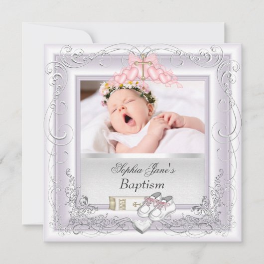 Faire-part Baptême de bébé fille Blanc Rose (Devant)