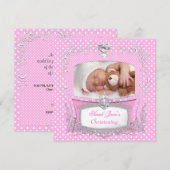 Faire-part Baptême de bébé fille rose à pois (Devant / Derrière)
