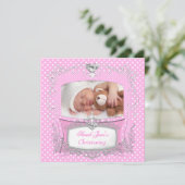 Faire-part Baptême de bébé fille rose à pois (Debout devant)