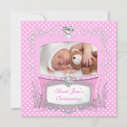 Faire-part Baptême de bébé fille rose à pois (Devant)