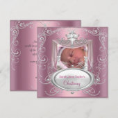 Faire-part Baptême de bébé Fille Rose Croix Argent (Devant / Derrière)