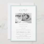 Faire-part Baptême de bébé garçon au monogramme bleu poussiér (Devant)