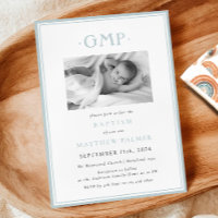 Baptême de bébé garçon au monogramme bleu poussiér