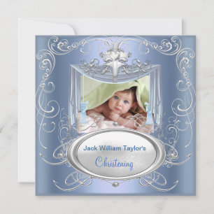 Faire-part Baptême de bébé Garçon Croix Bleue Argentée