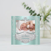 Faire-part Baptême Garçon Bébé Baptême Croix Argent Mint (Debout devant)