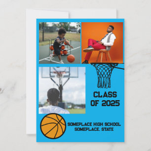 Faire-part Basket-ball 3 Photo Collage Bleu clair Graduation