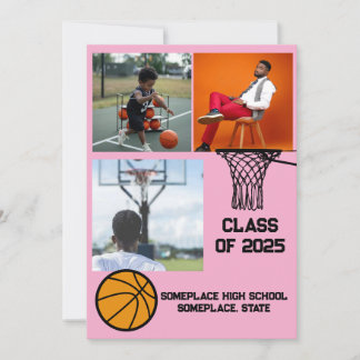 Faire-part Basket-ball 3 Photo Collage Pink Graduation