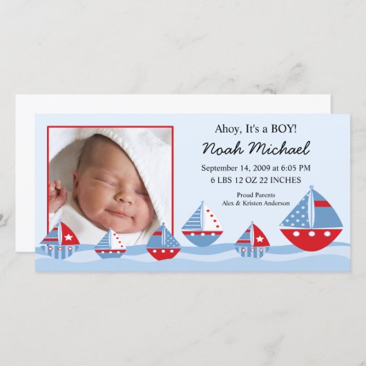 Faire-part Bateaux à voile Bébé Garçon Anniversaire (Devant / Derrière)