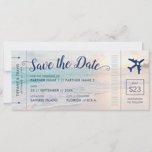 Faire-part Beach Wedding Sunset Boarding Pass Enregistrer la  (Devant)