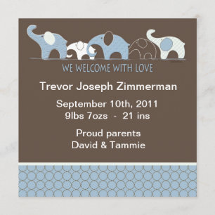 Faire-part Bébé bleu Annoucement d'éléphant sans photo