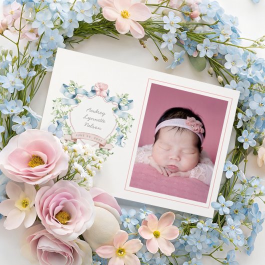 Faire-part Bébé Bleu et rose Grandmillennial Ribbon Crest