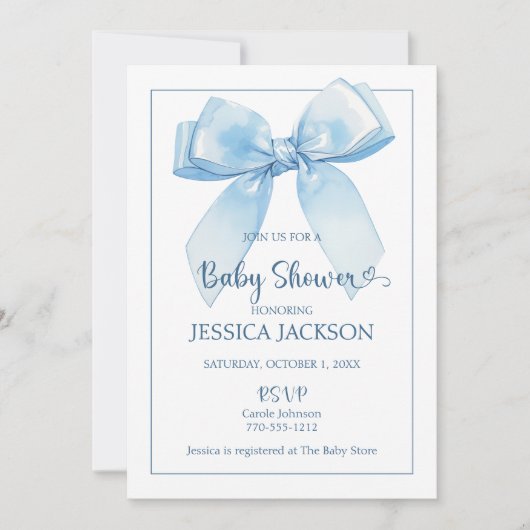 Faire-part Bébé bleu Ruban Douche garçon (Devant)