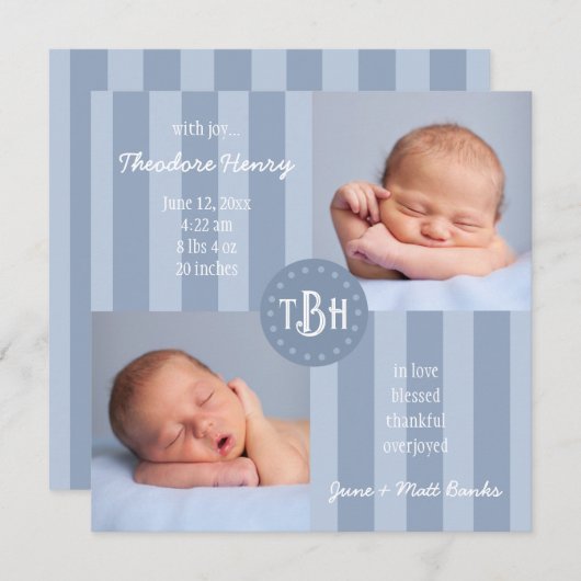 Faire-part Bébé Bleu Stripe Monogramme Annonce de naissance (Devant / Derrière)