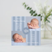 Faire-part Bébé Bleu Stripe Monogramme Annonce de naissance (Debout devant)