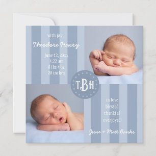 Faire-part Bébé Bleu Stripe Monogramme Annonce de naissance