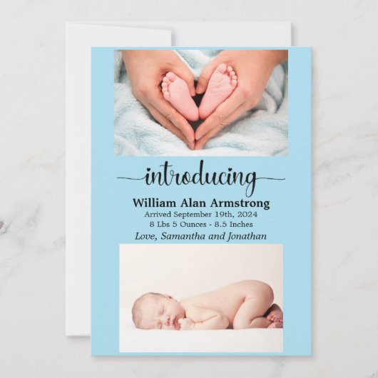 Faire-part Bébé bleu taille et poids photo naissance (Devant)