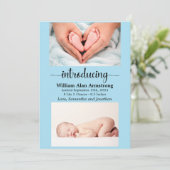 Faire-part Bébé bleu taille et poids photo naissance (Debout devant)