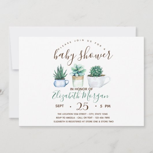 Faire-part Bébé Cactus Succulente Aquarelle (Devant)