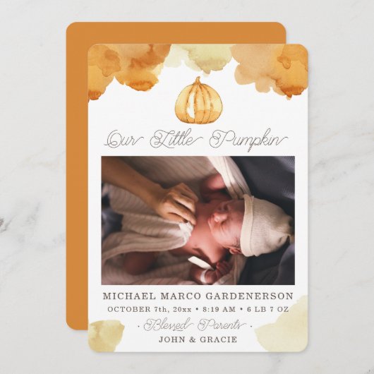 Faire-part bébé Citrouille aquarelle (Devant / Derrière)