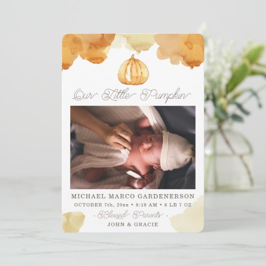 Faire-part bébé Citrouille aquarelle (Debout devant)