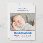 Faire-part Bébé de baseball moderne photo Gray and Blue Birth (Devant)