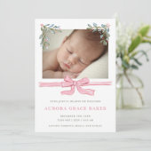 Faire-part Bébé de Noël avec feuillage et nœud rose (Debout devant)