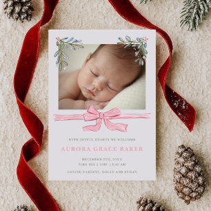 Faire-part Bébé de Noël avec feuillage et nœud rose