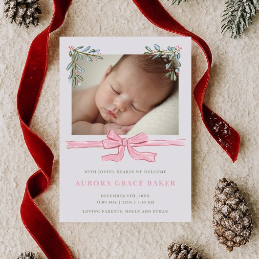 Faire-part Bébé de Noël avec feuillage et nœud rose